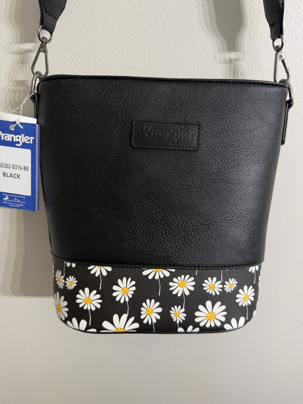 Wrangler Black Daisy Print Crossbody Bucket Bag